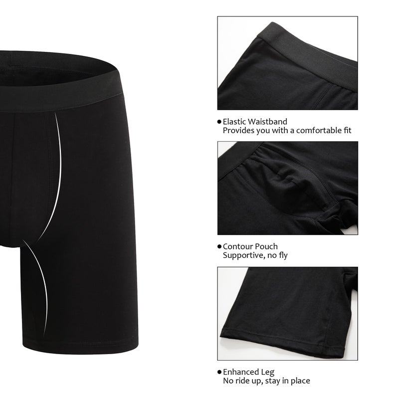 ZLYC Mens Cotton Boxer Brief Long Leg Underwear, 4 Pack, Black, L - Image 2